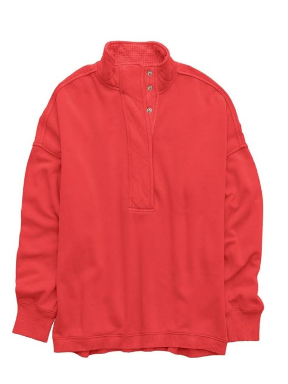 Women's Red Cotton Oversized Henley Sweatshirt Button Neck Casual Pullover Tops - Picture 3 of 6